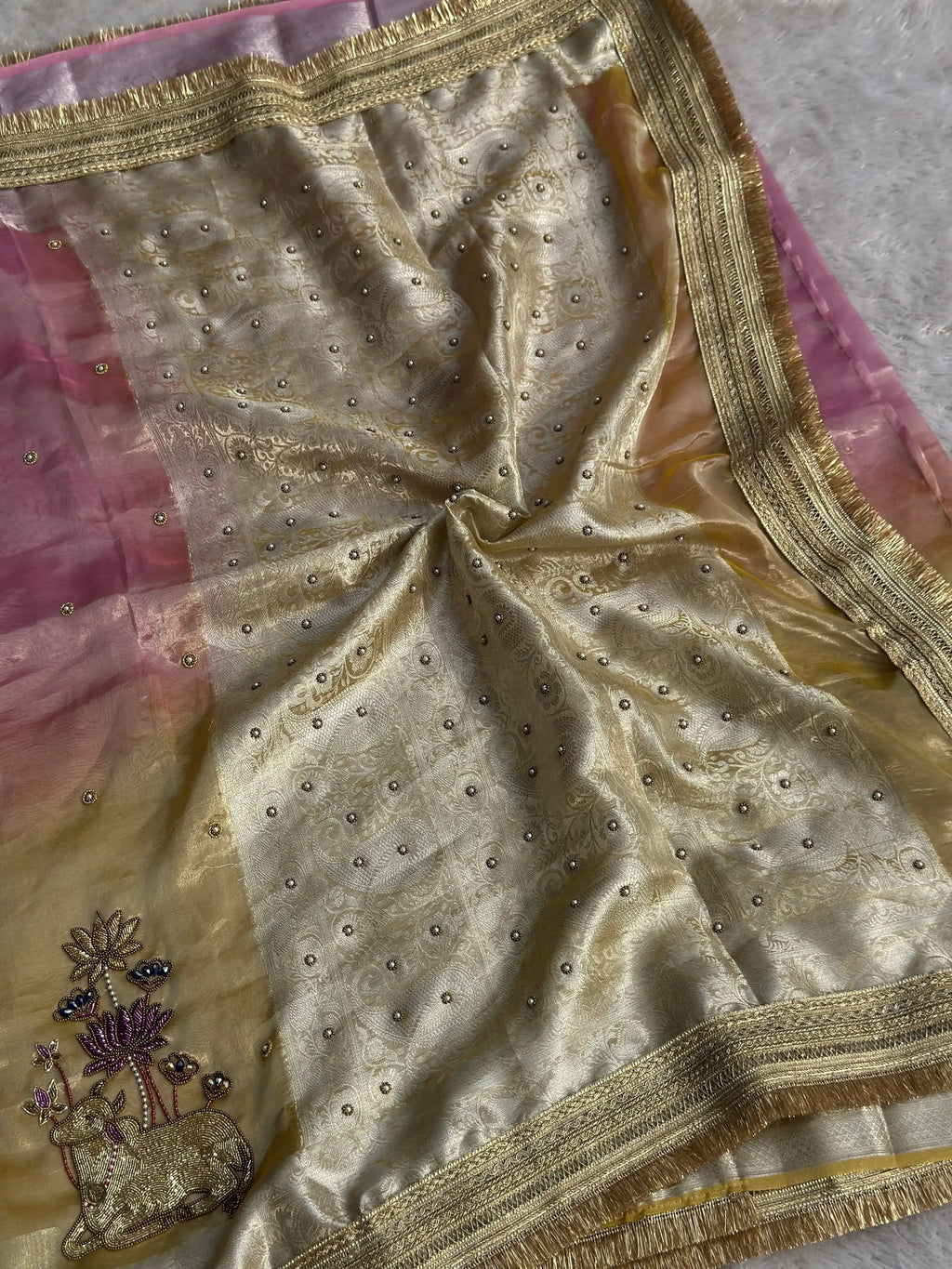 Nandi Pushpa Yellow & Pink Banarasi Silk Saree - RV Couture 24