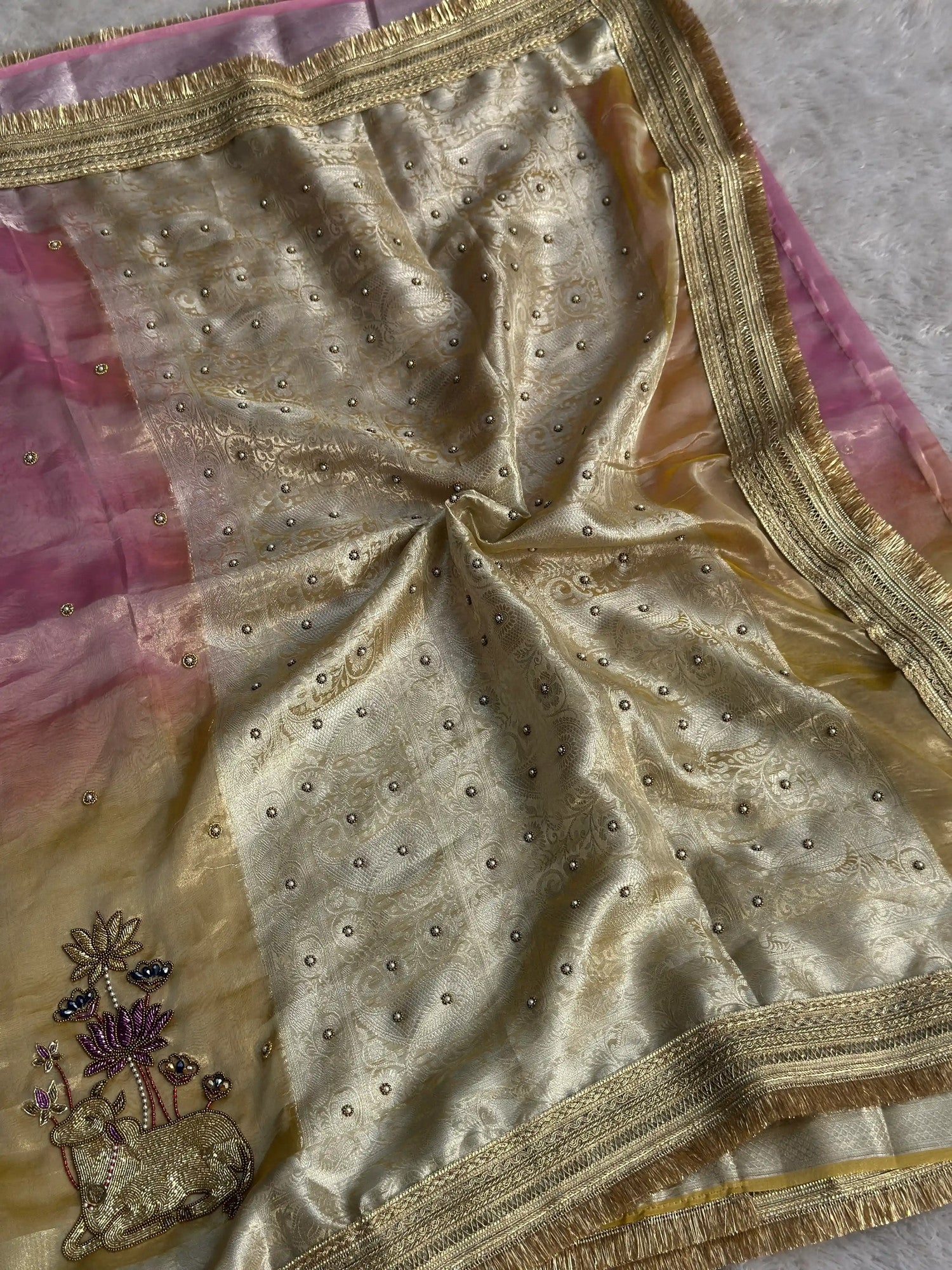 Nandi Pushpa Yellow & Pink Banarasi Silk Saree - RV Couture 24