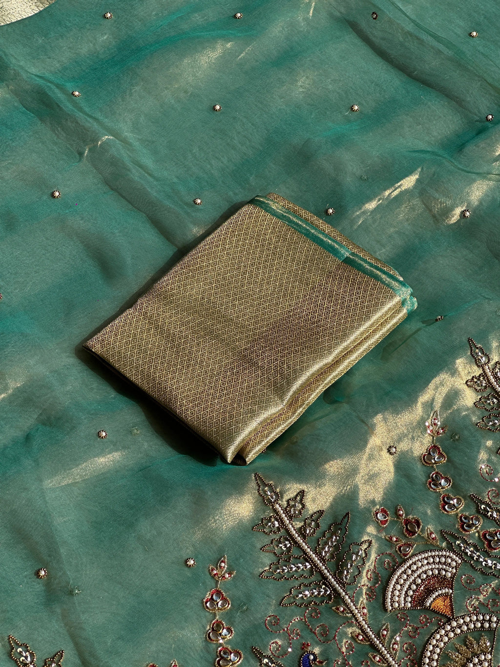 Mor Mahal Teal Green Banarasi Silk Saree - RV Couture 24