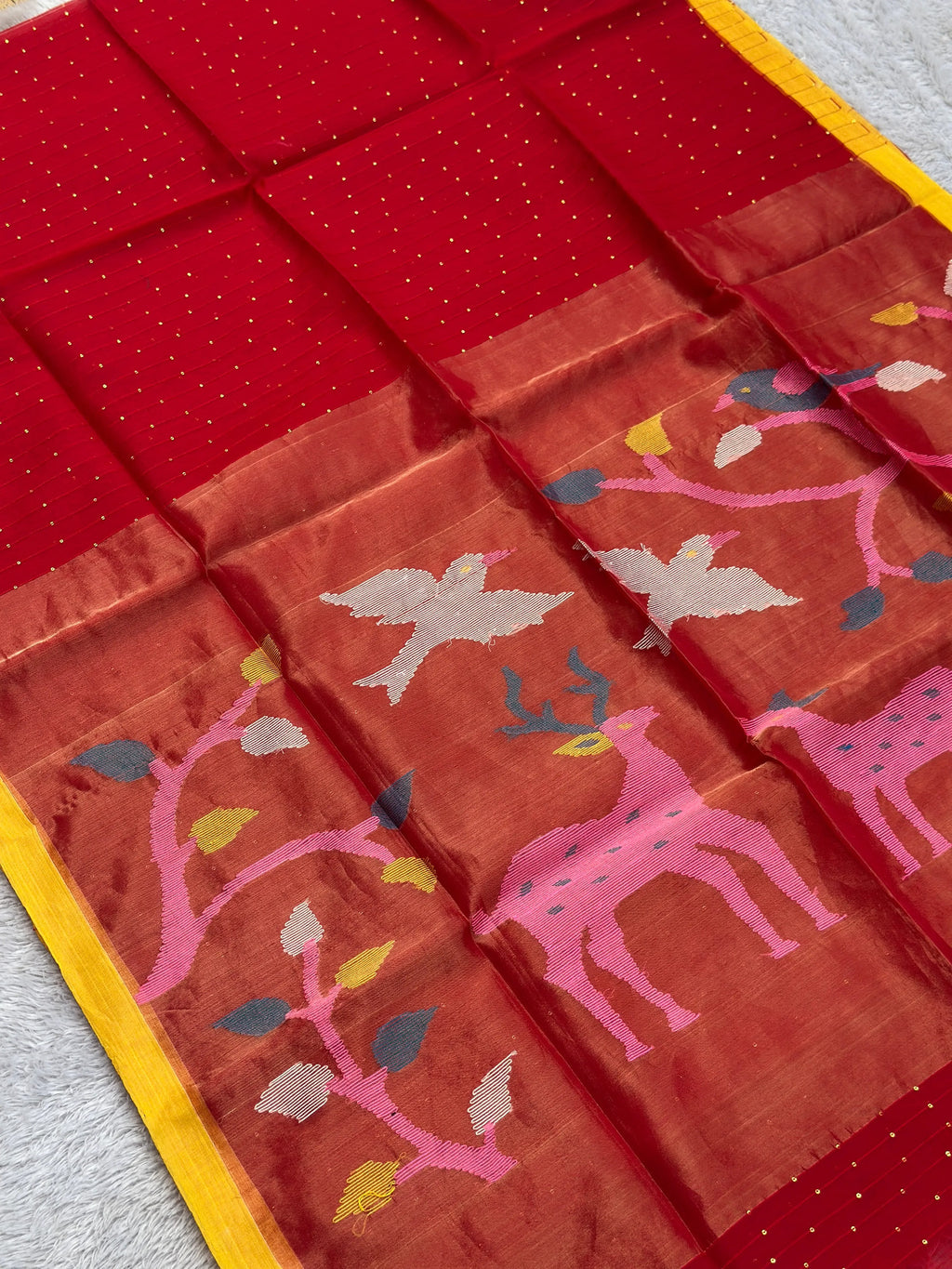 Red Jamdani Saree with Deer Motif - RV Couture 24
