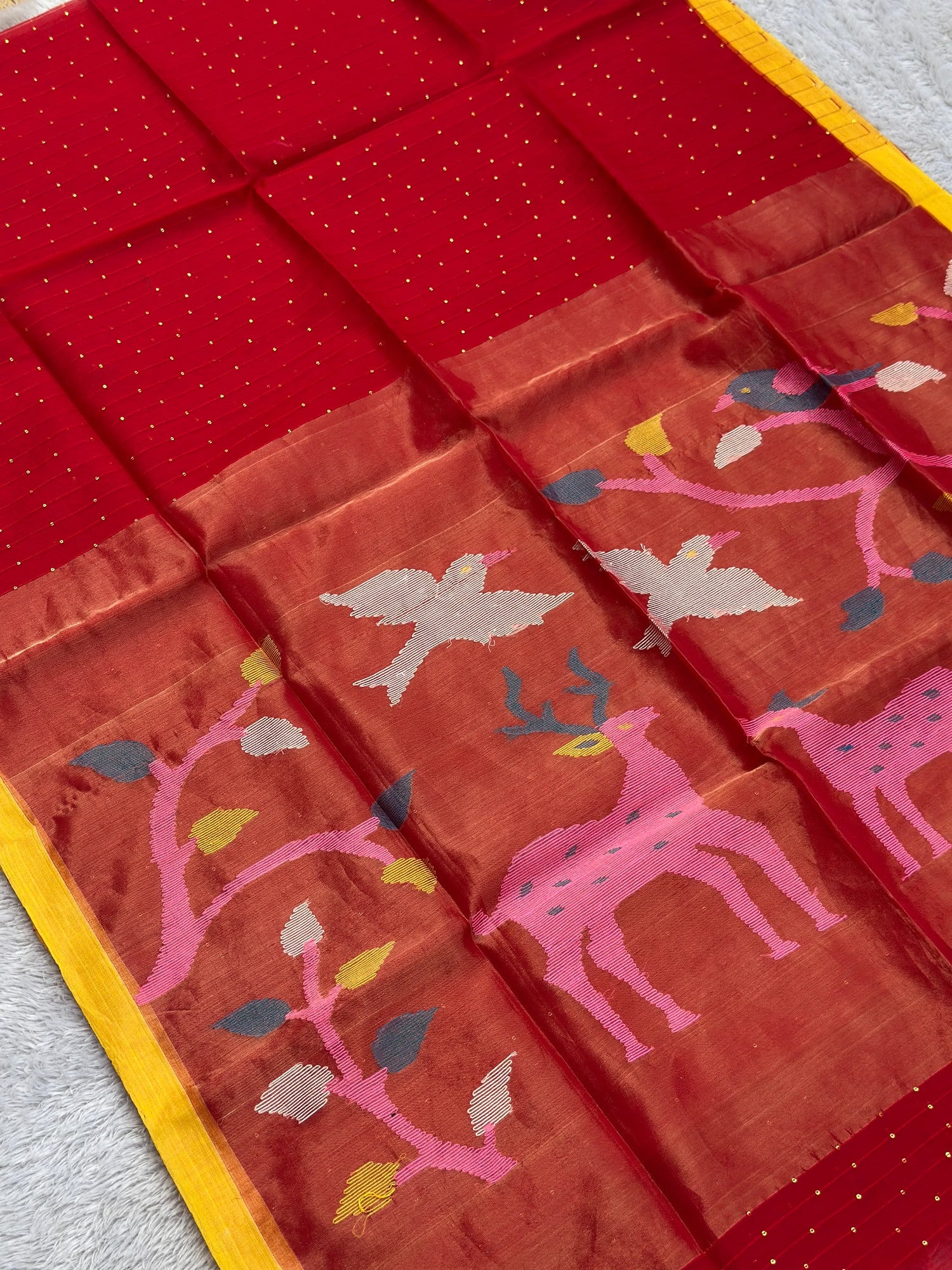 Red Jamdani Saree with Deer Motif - RV Couture 24