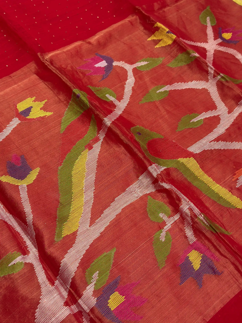 Red Jamdani Saree with Parrot Motif - RV Couture 24