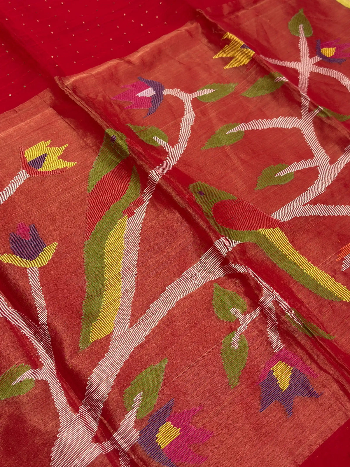 Red Jamdani Saree with Parrot Motif - RV Couture 24