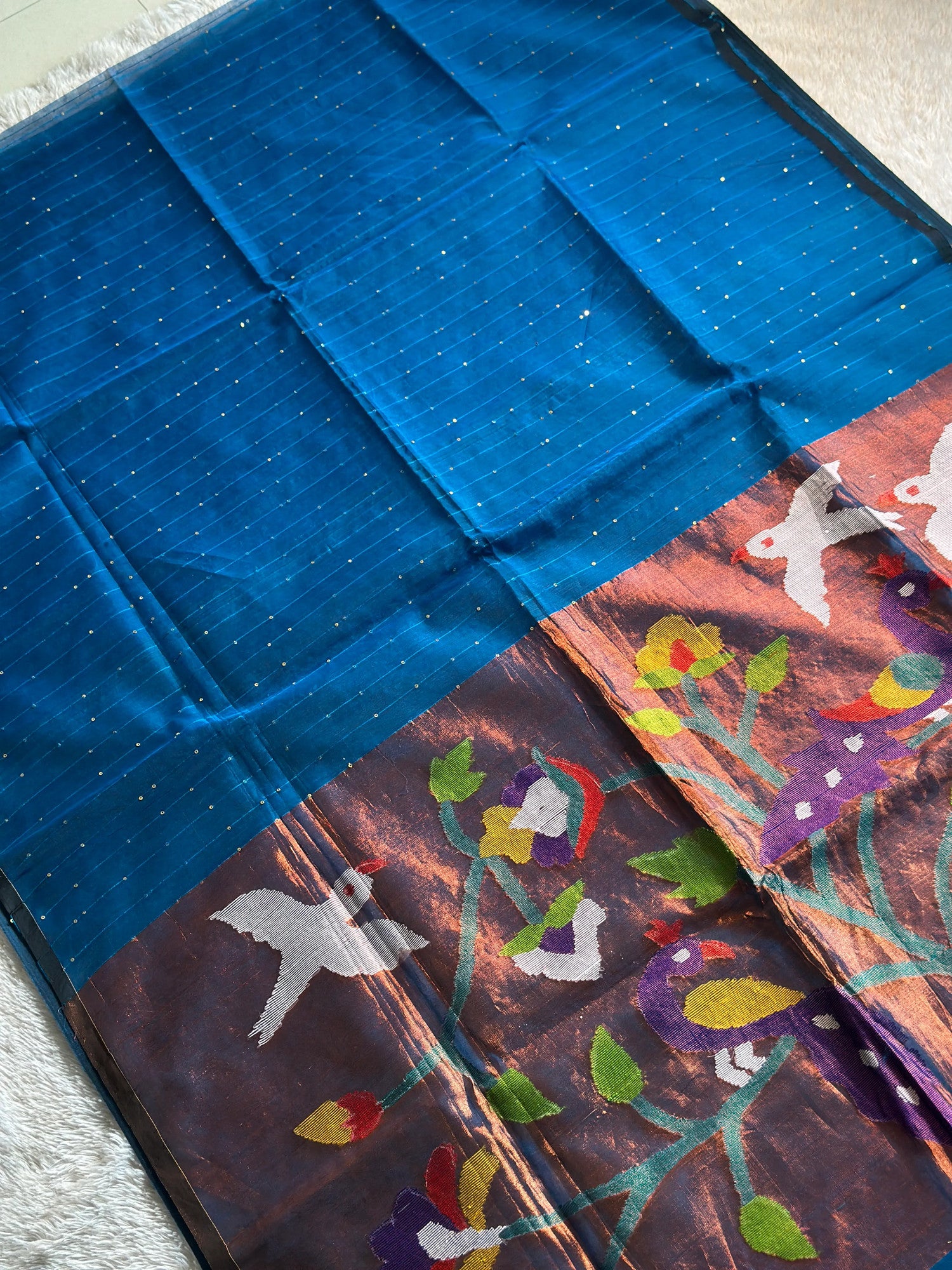 Blue Jamdani Saree with Peacock Motif - RV Couture 24