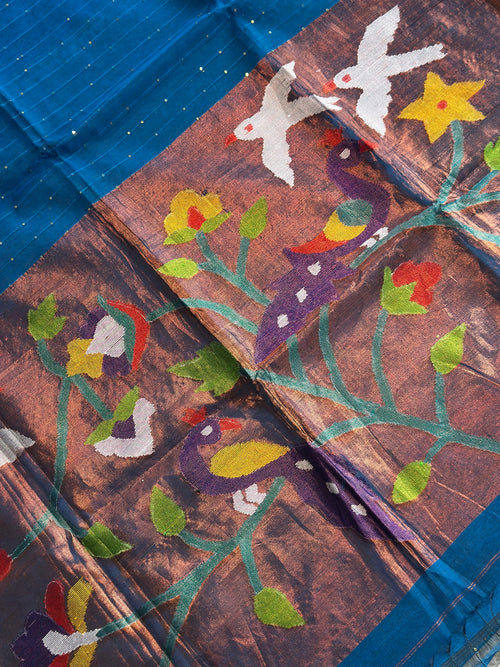 Blue Jamdani Saree with Peacock Motif - RV Couture 24