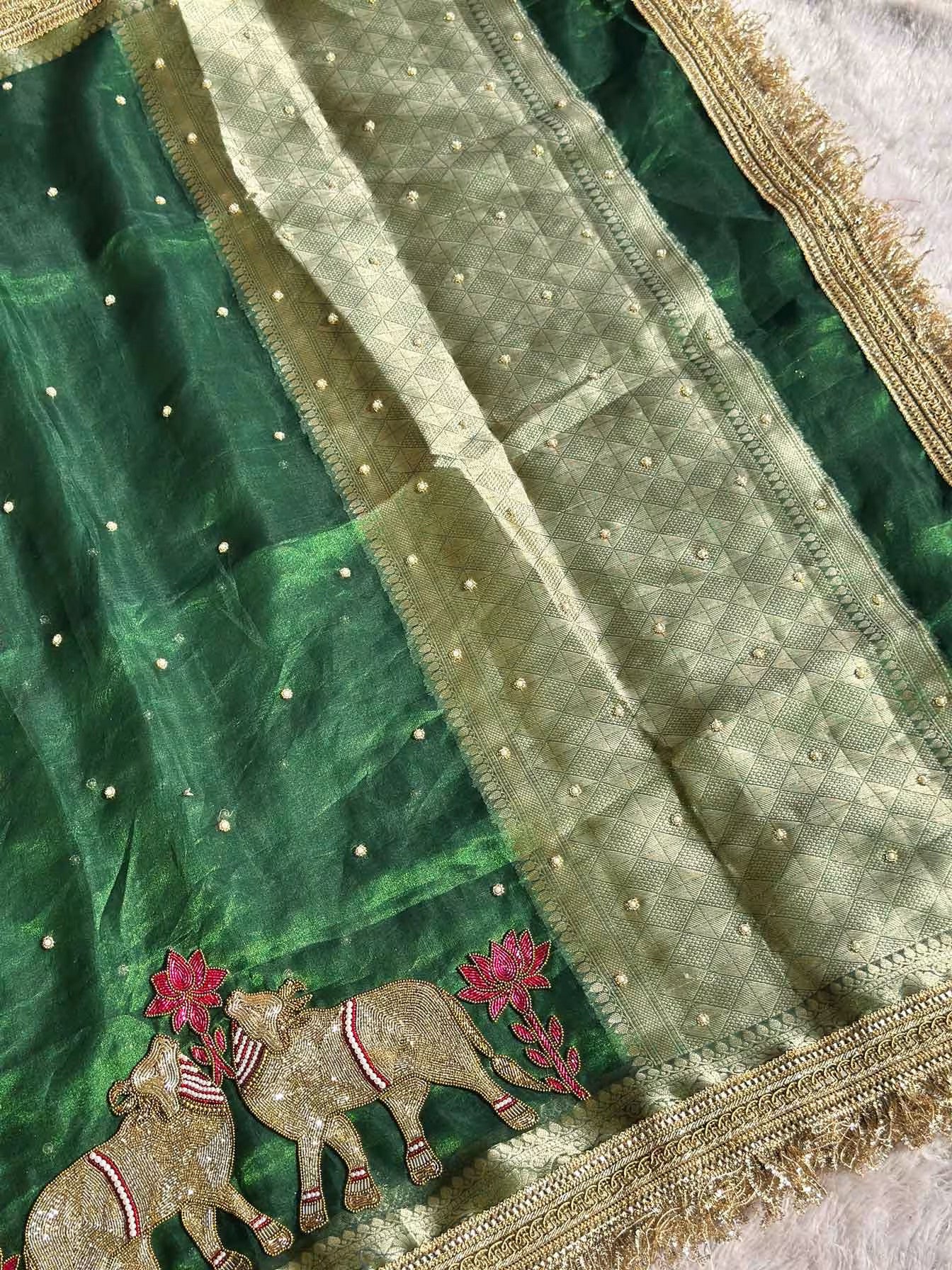Gajanandi Green Banarasi Silk Saree - RV Couture 24