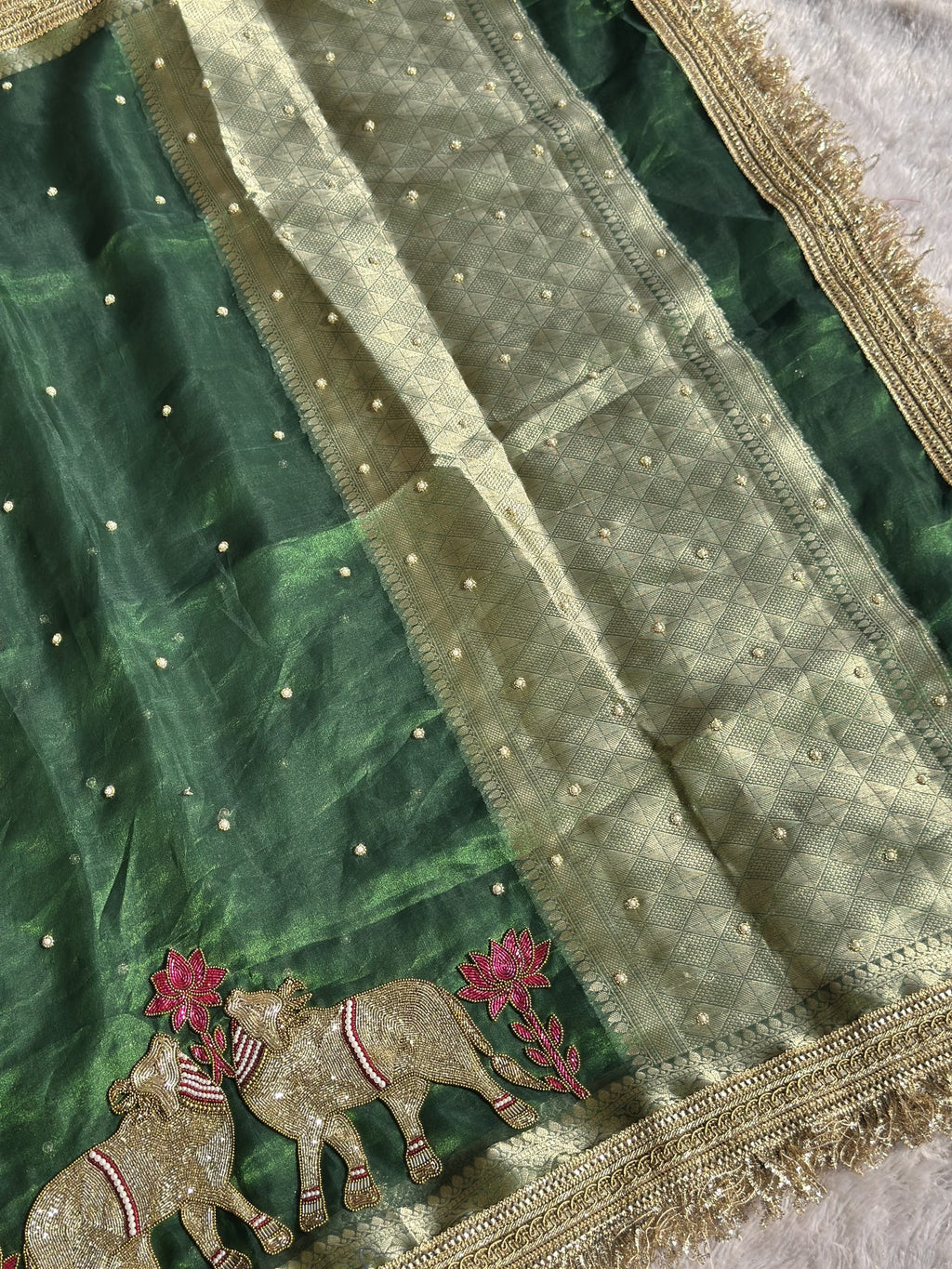 Gajanandi green Banarasi silk saree with gold zari brocade pallu