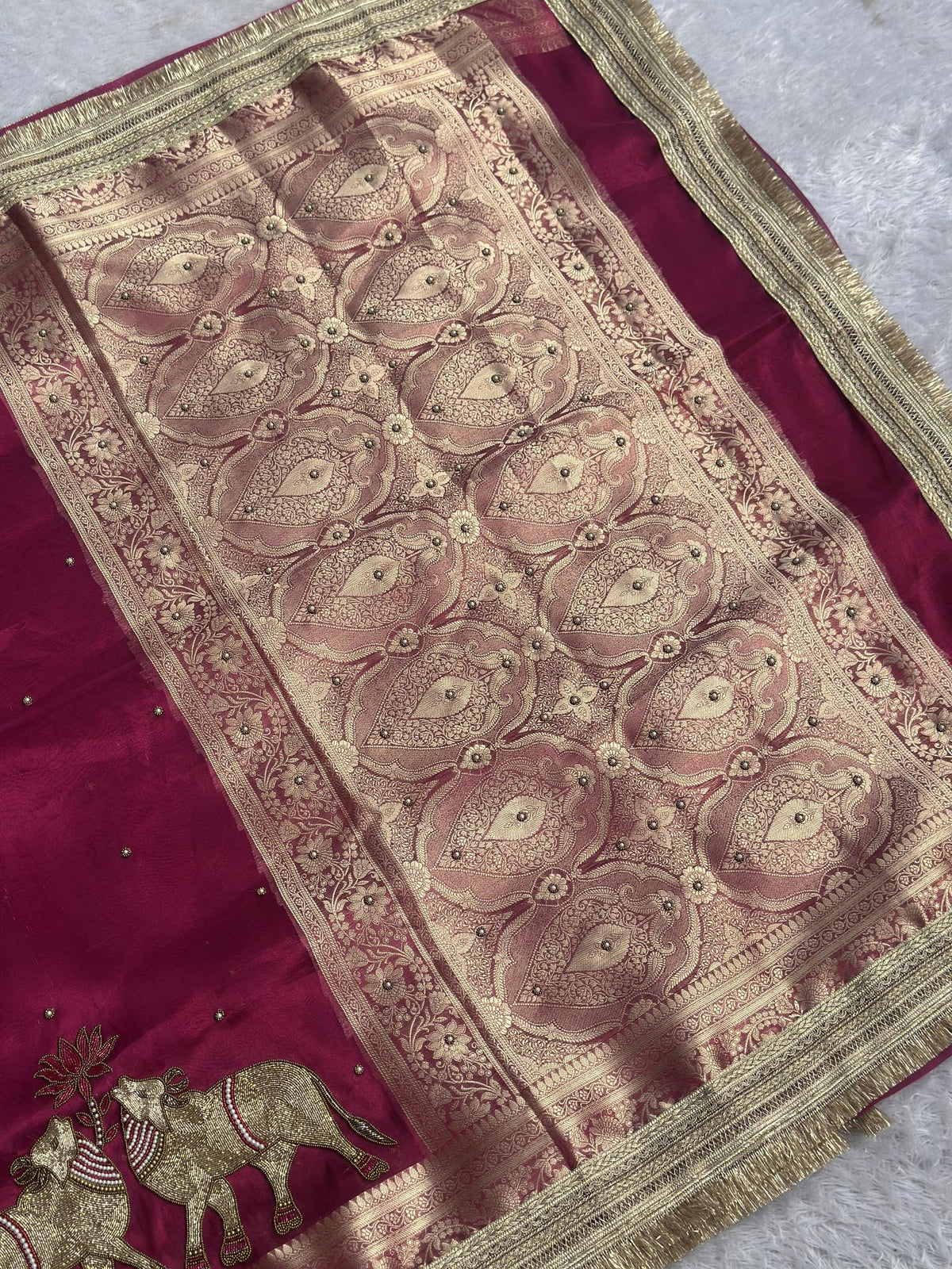 Gajanandi dark pink Banarasi silk saree with gold zari brocade pallu