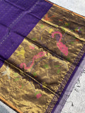 Deep purple Jamdani saree with broad gold zari pallu