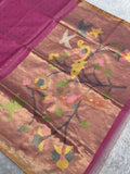 Rosewood pink Jamdani saree with antique gold pallu and bird motifs