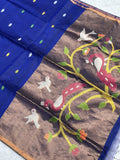 Royal blue Jamdani saree with antique gold pallu and peacock motifs