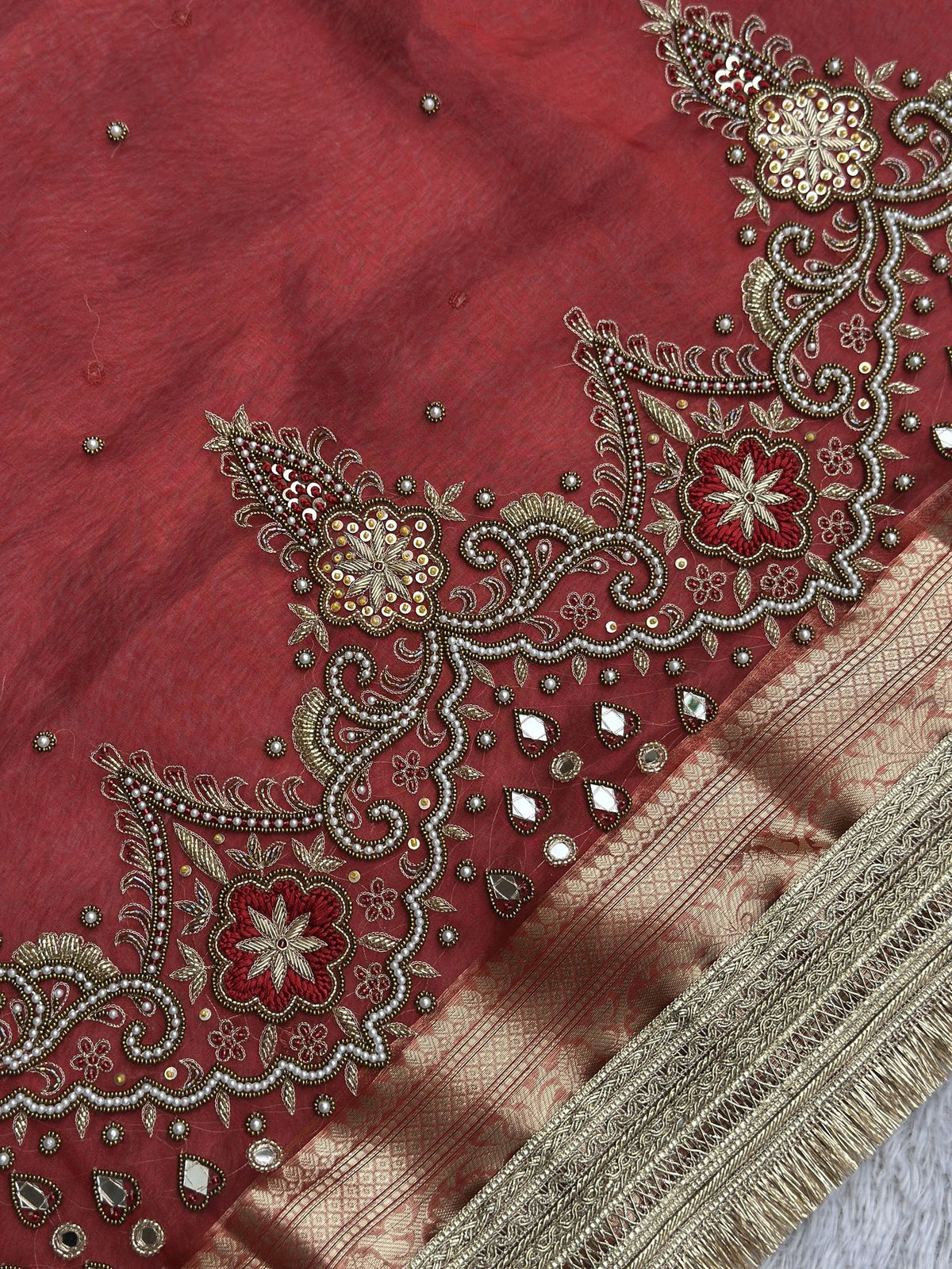 Kanchan Red bridal red Banarasi tissue saree with scalloped hand-embroidered border
