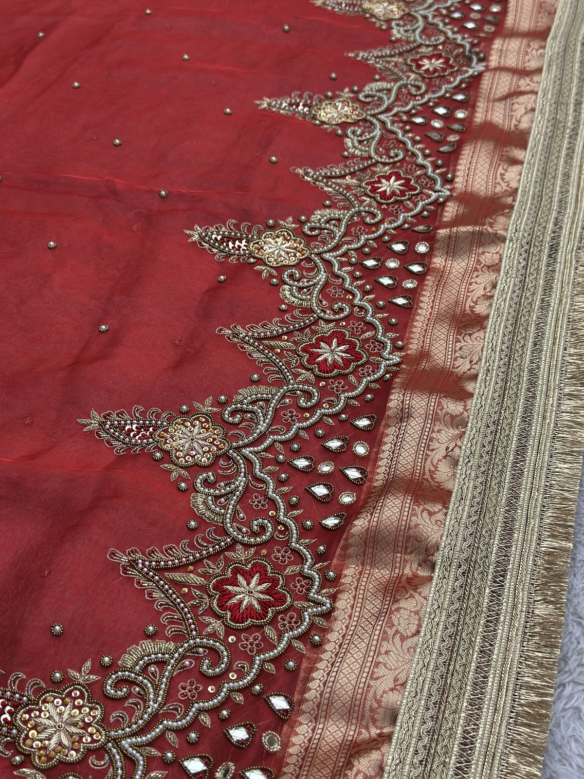 Red Banarasi tissue saree with velvet flowers, pearls and mirror work, Kanchan Red