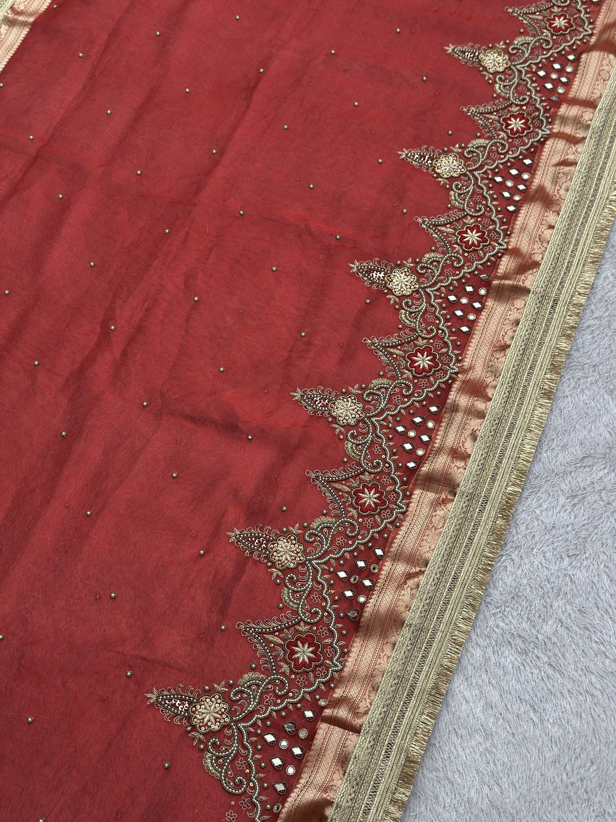 Peach-gold Banarasi brocade pallu on Kanchan Red saree