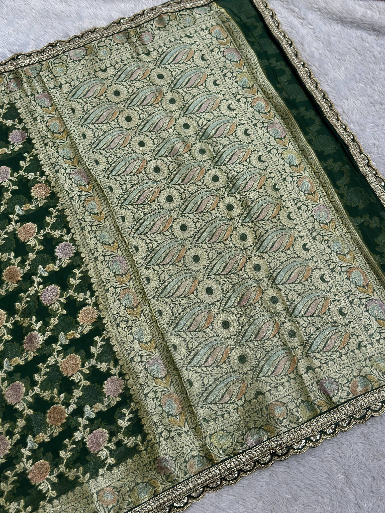 Green Khaddi Georgette Banarasi saree with gold zari weave