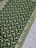 Green khaddi georgette saree drape with gold zari border