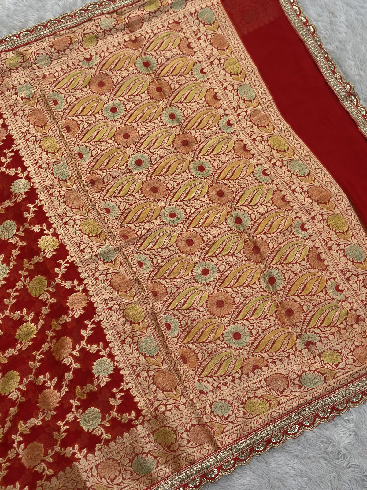 Red Khaddi Georgette Banarasi saree handwoven in Varanasi with zari
