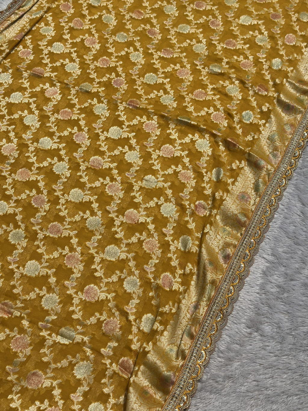 Allover zari floral jaal on mustard yellow Khaddi Georgette saree