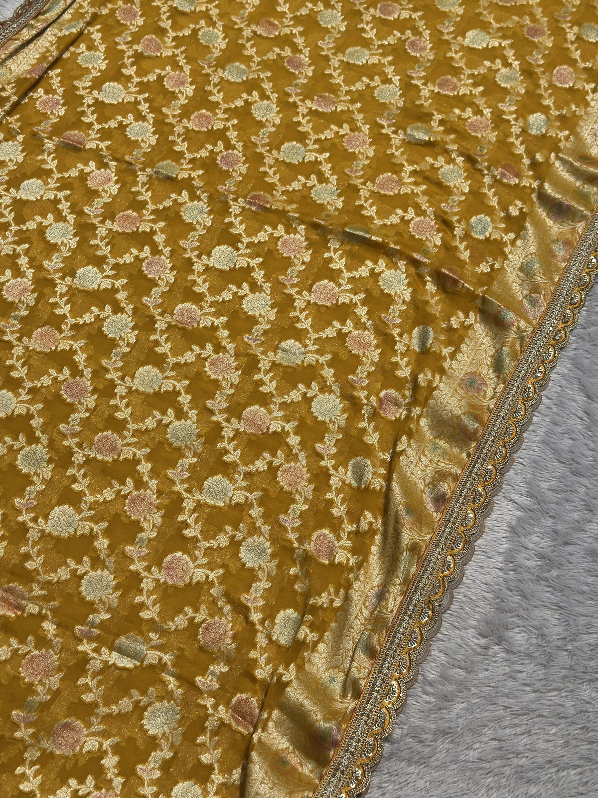 Allover zari floral jaal on mustard yellow Khaddi Georgette saree