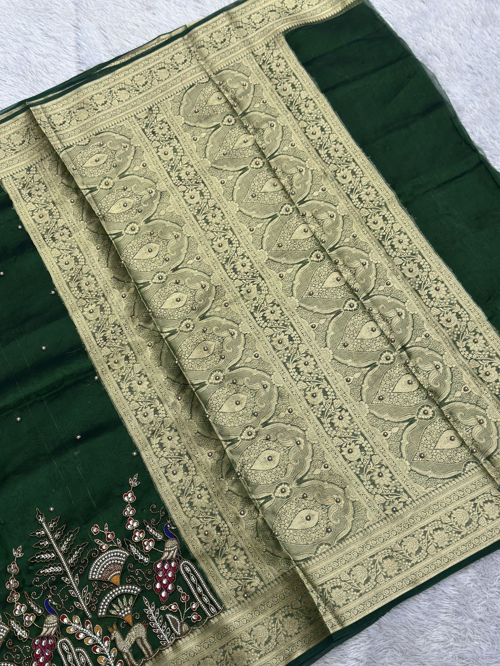 Mor Mahal Green Banarasi tissue saree with gold zari