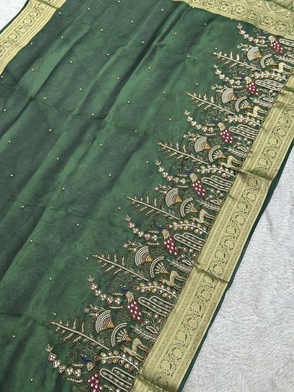 Green Banarasi tissue saree with woven gold zari, Mor Mahal