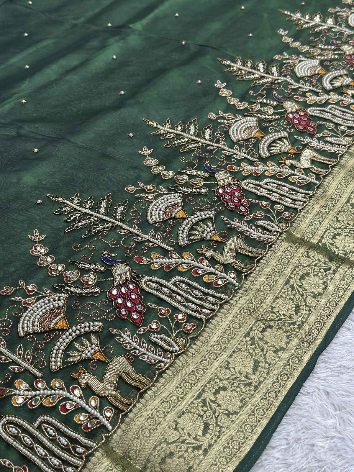 Mor Mahal Green saree with Banarasi brocade blouse fabric