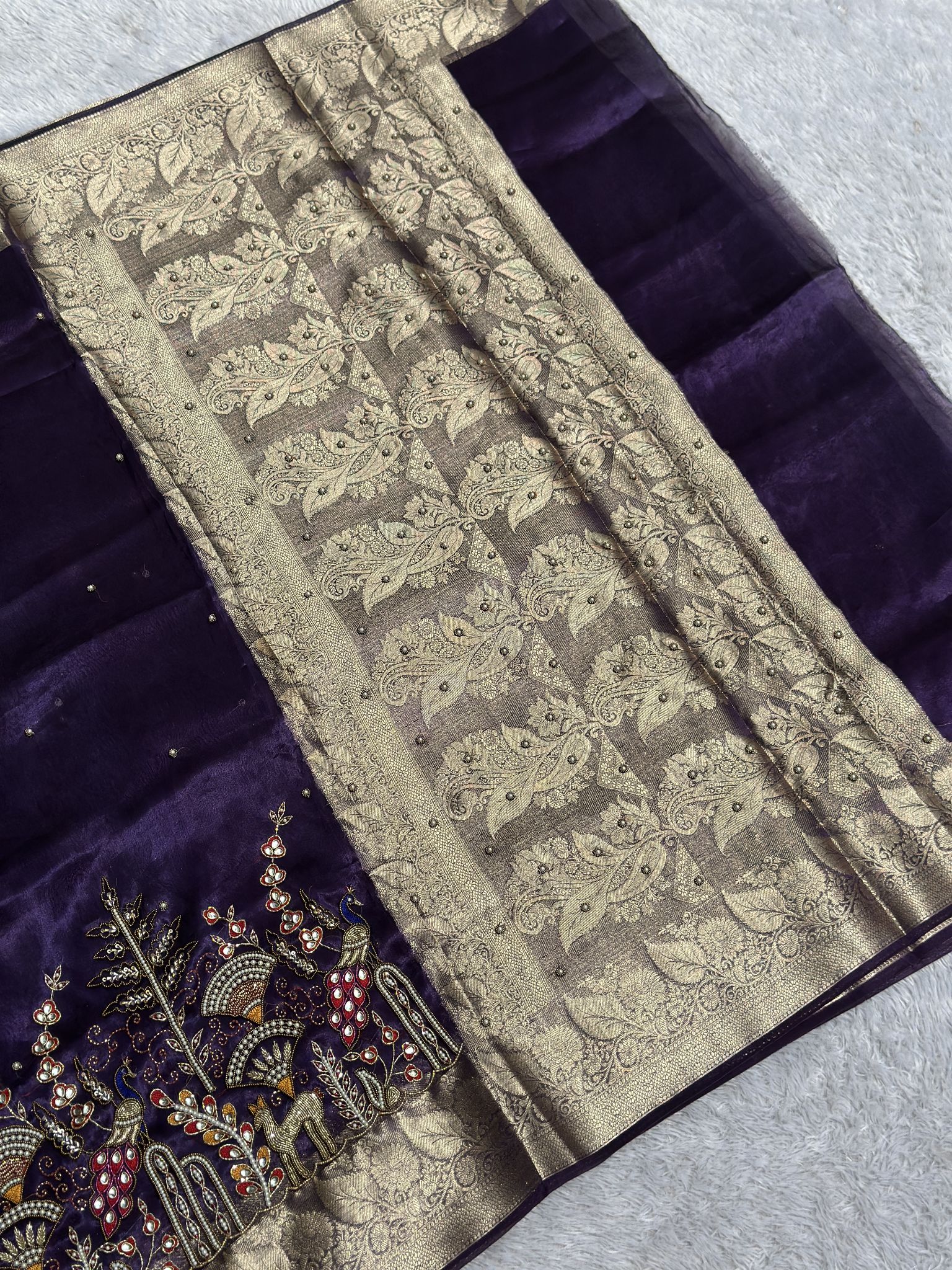Mor Mahal Purple Banarasi tissue saree with gold zari