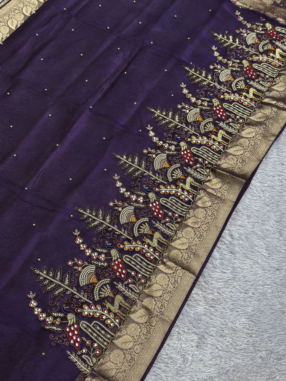 Purple Banarasi tissue saree with woven gold zari, Mor Mahal