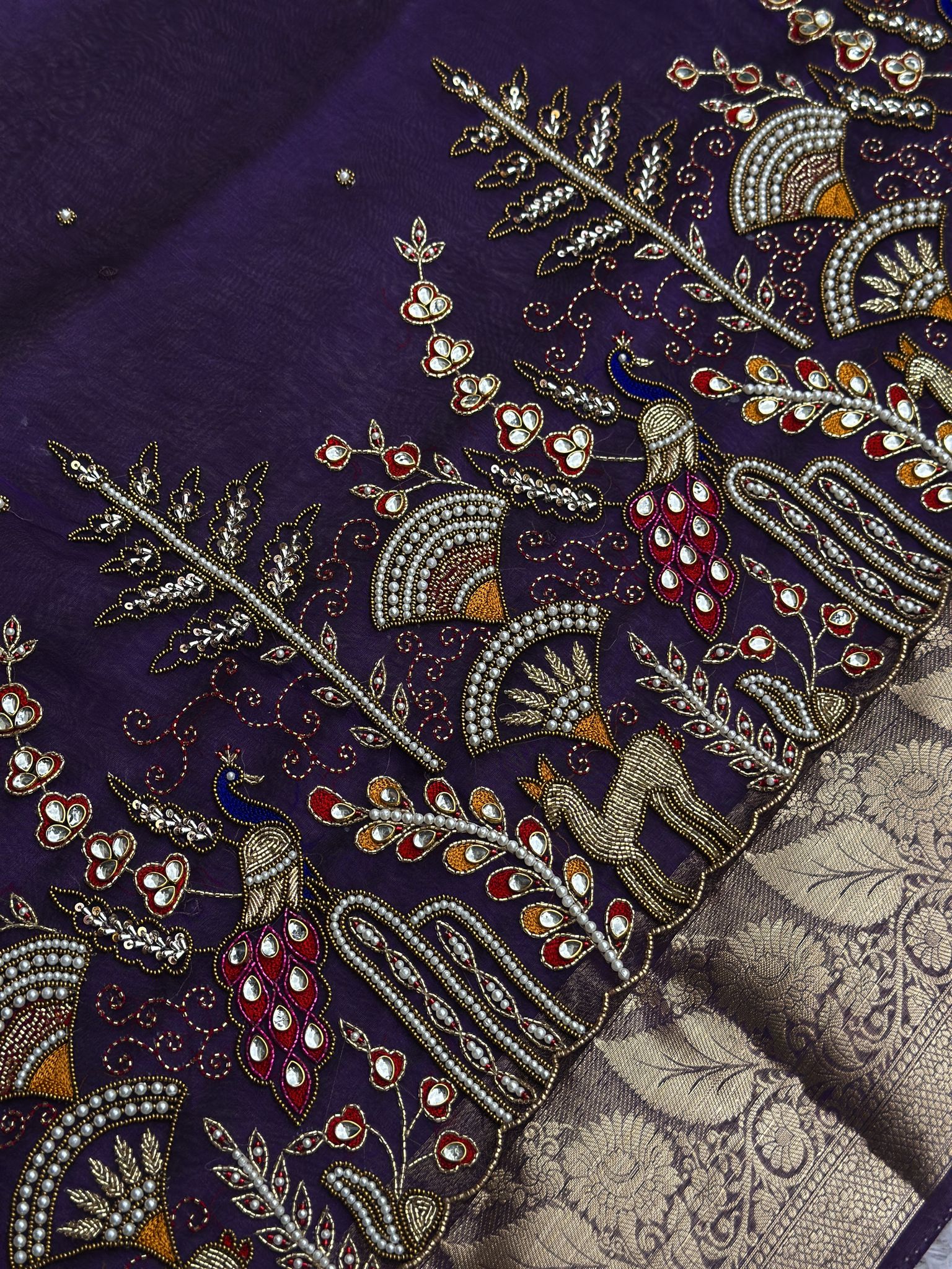 Gold zari weave detail on Mor Mahal Purple saree