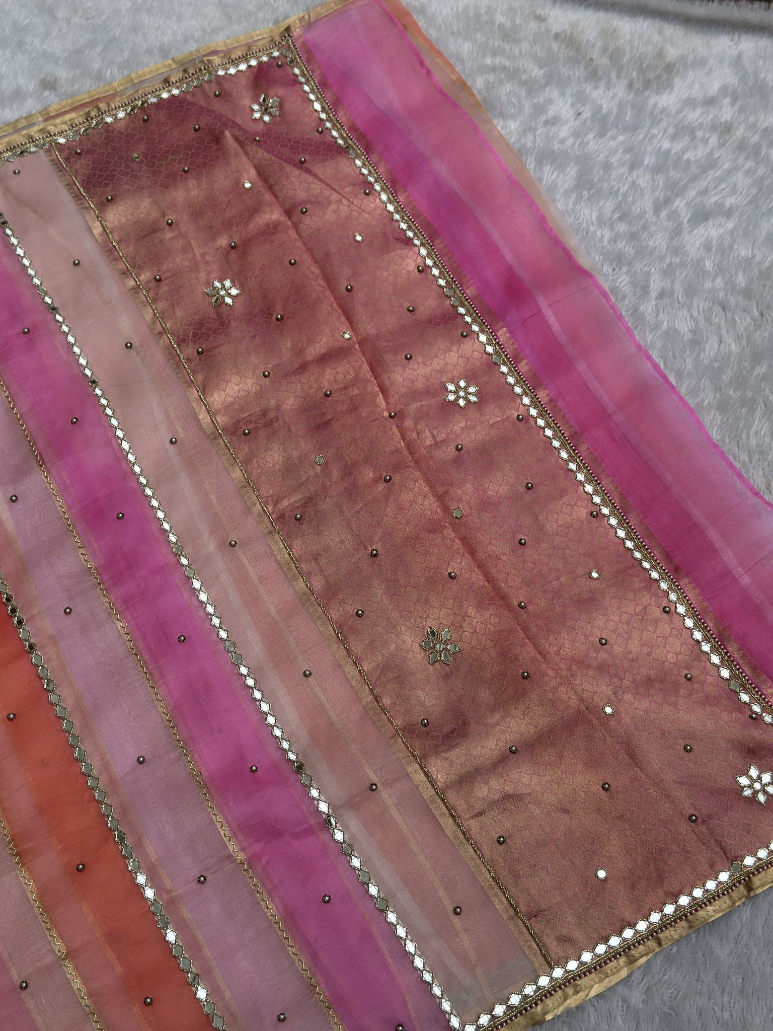 Pure Kora multicolor silk saree with mirror-work lace stripes