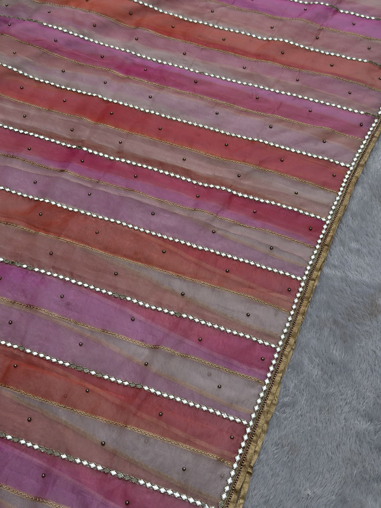 Multicolor ombre Kora silk saree with gold mirror lace