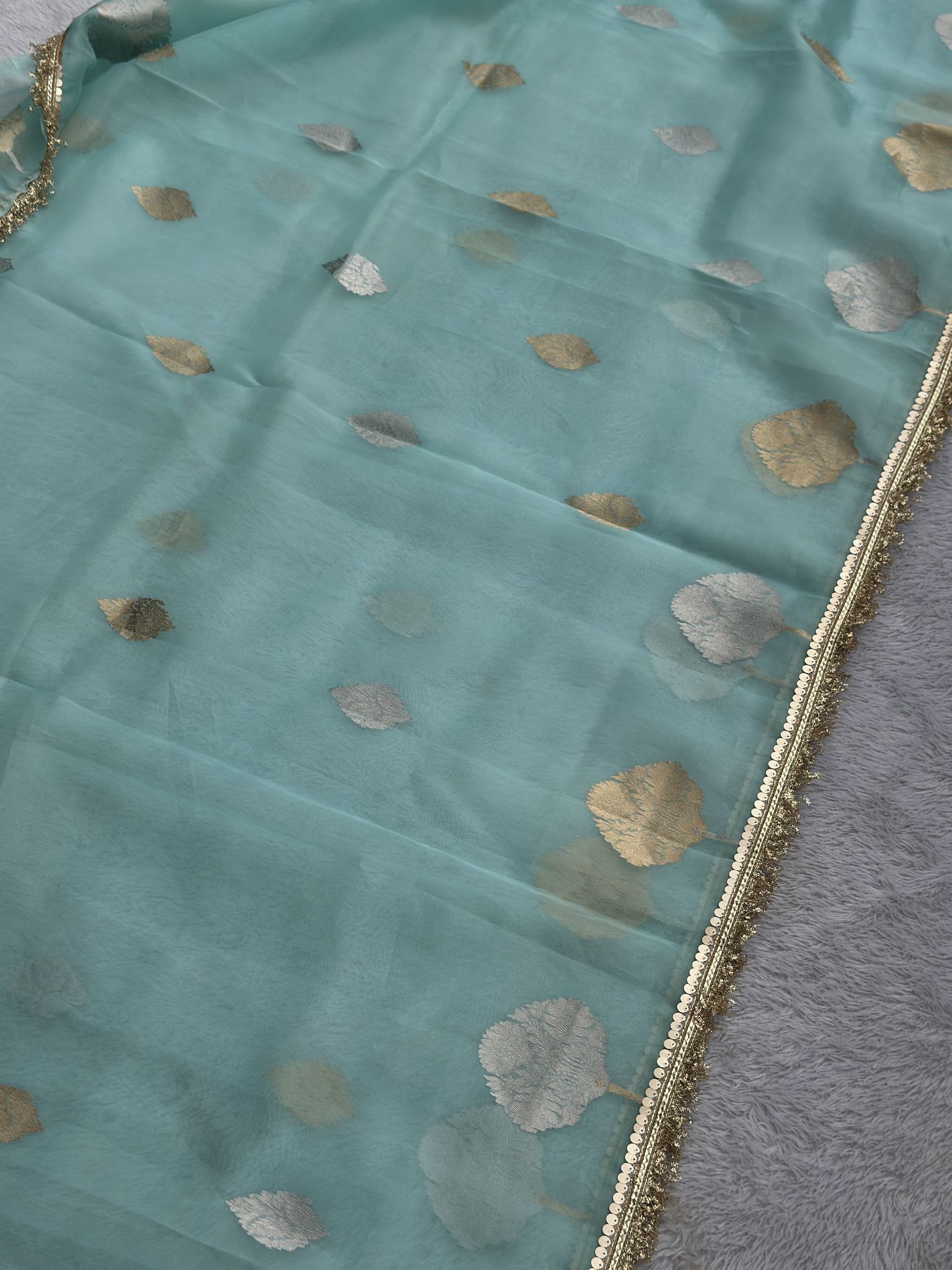 Sky blue pure kora saree fabric detail