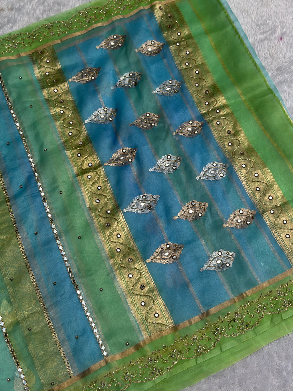 Rankat Kora Green and Sky Blue Kora Saree with woven detail