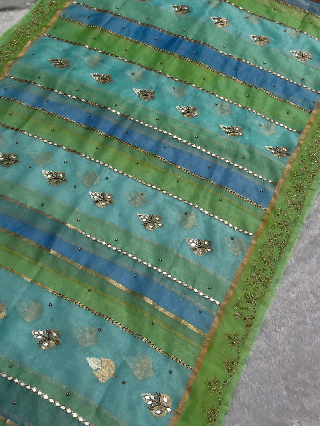 Green and Sky Blue pure Kora silk saree, Rankat Kora