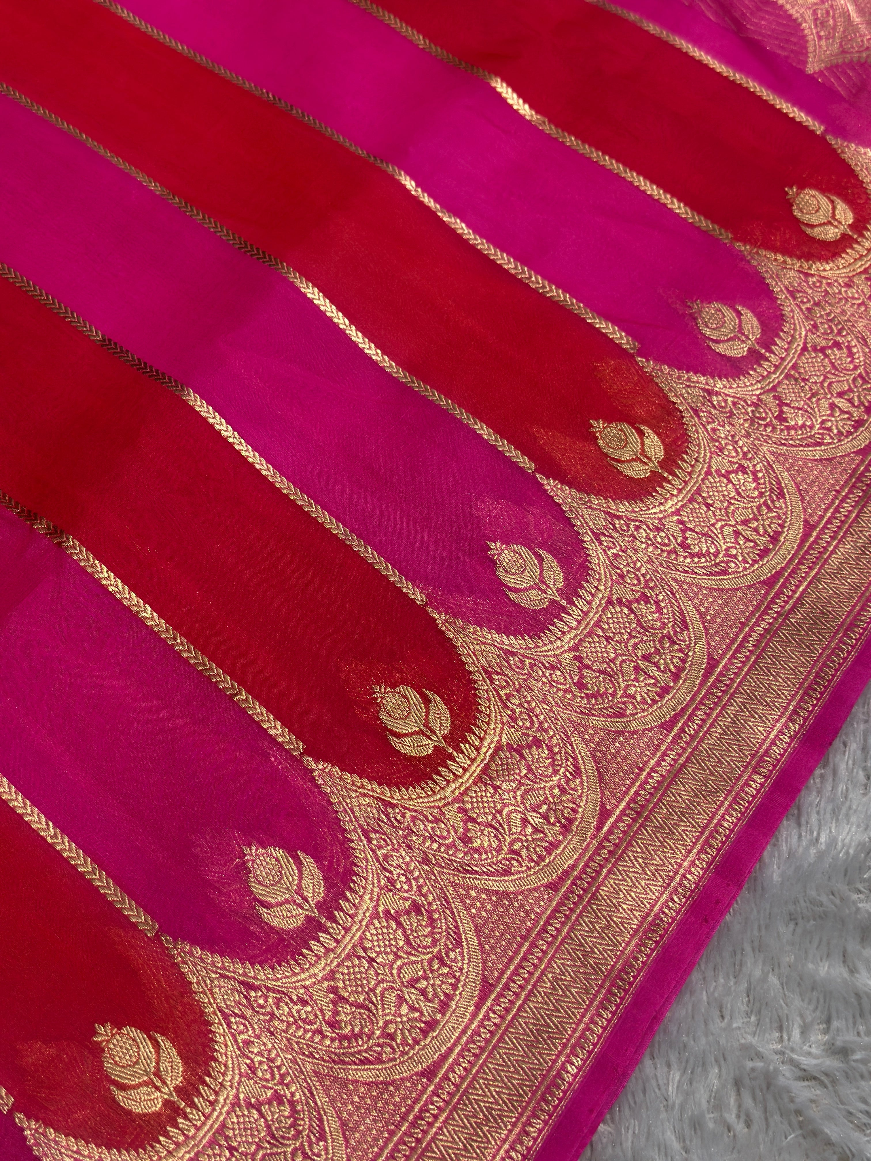 Red and Pink pure Kora silk saree, Rankat Kora