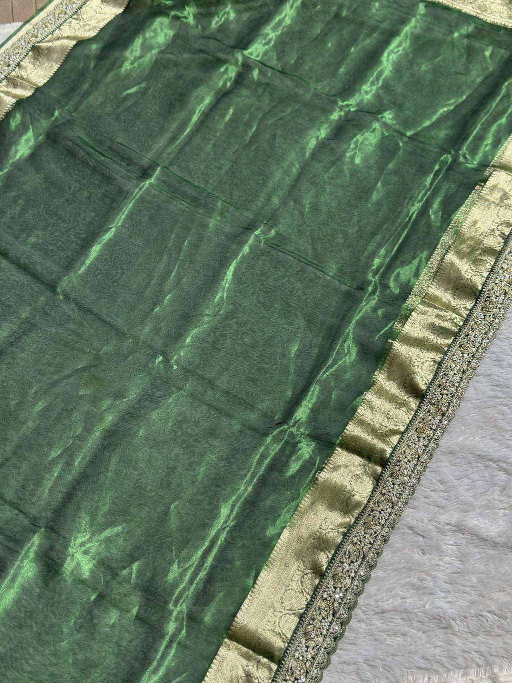 Emerald green tissue silk body with gold zari border, Saundarya saree