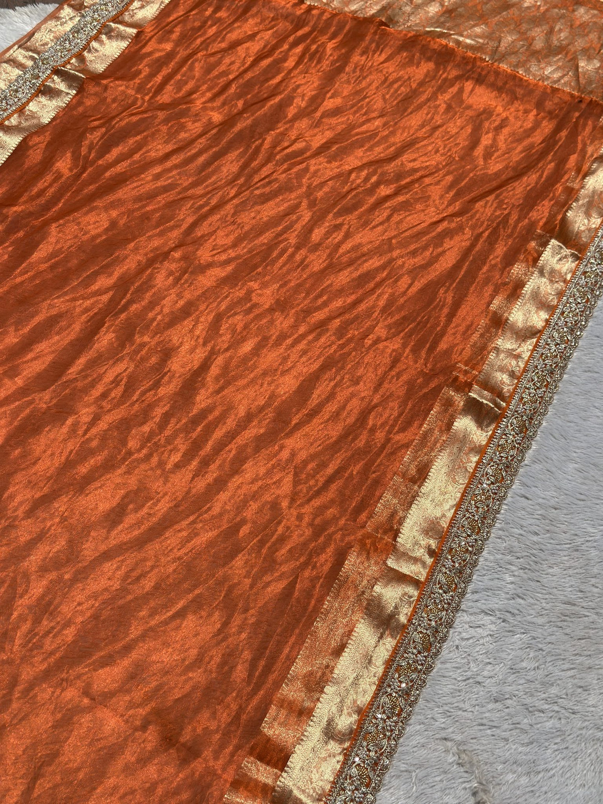 Burnt orange tissue silk body with gold zari border, Saundarya saree