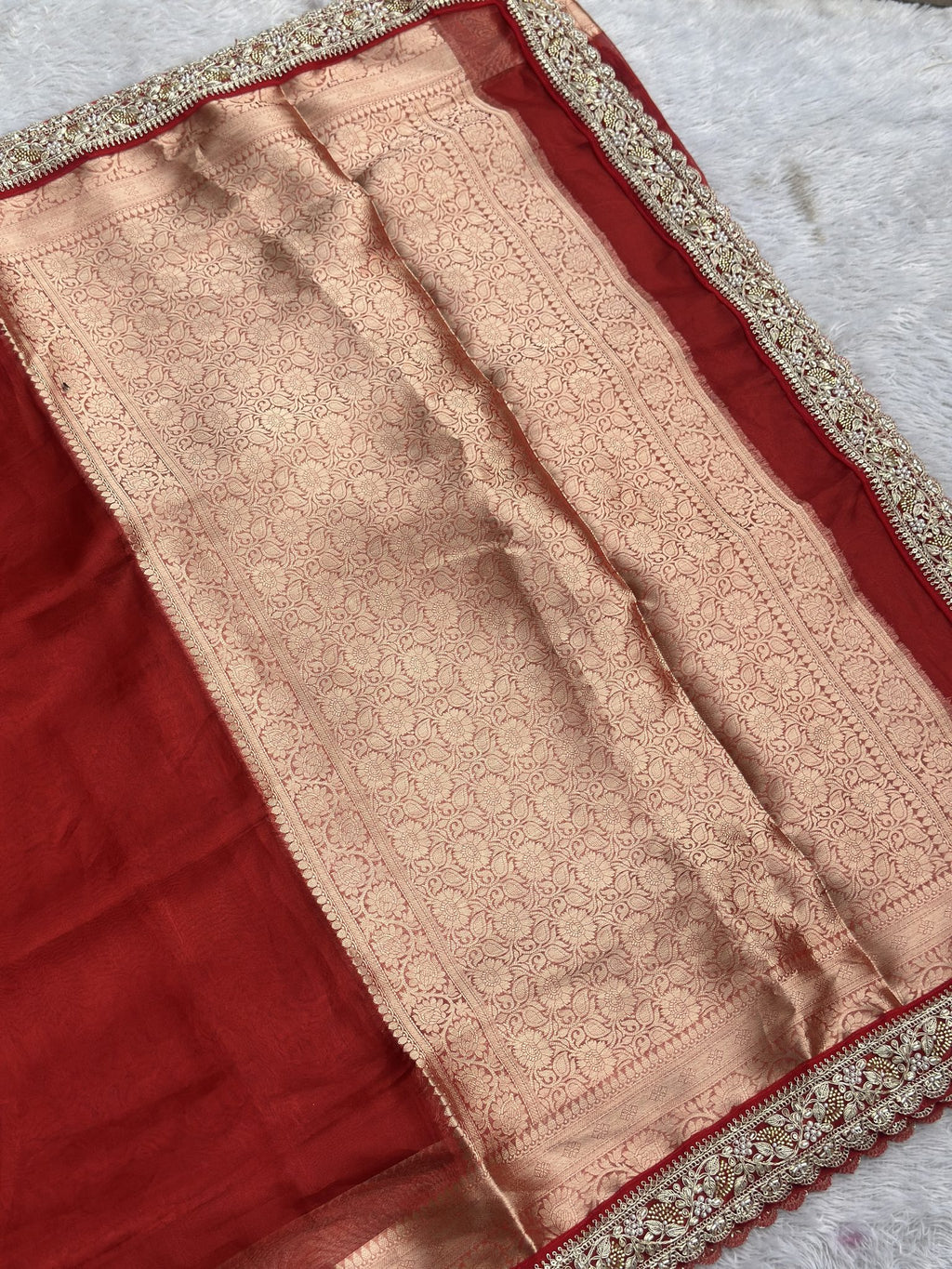 Saundarya red Banarasi tissue saree with broad gold zari brocade pallu