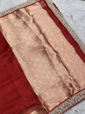 Saundarya red Banarasi tissue saree with broad gold zari brocade pallu