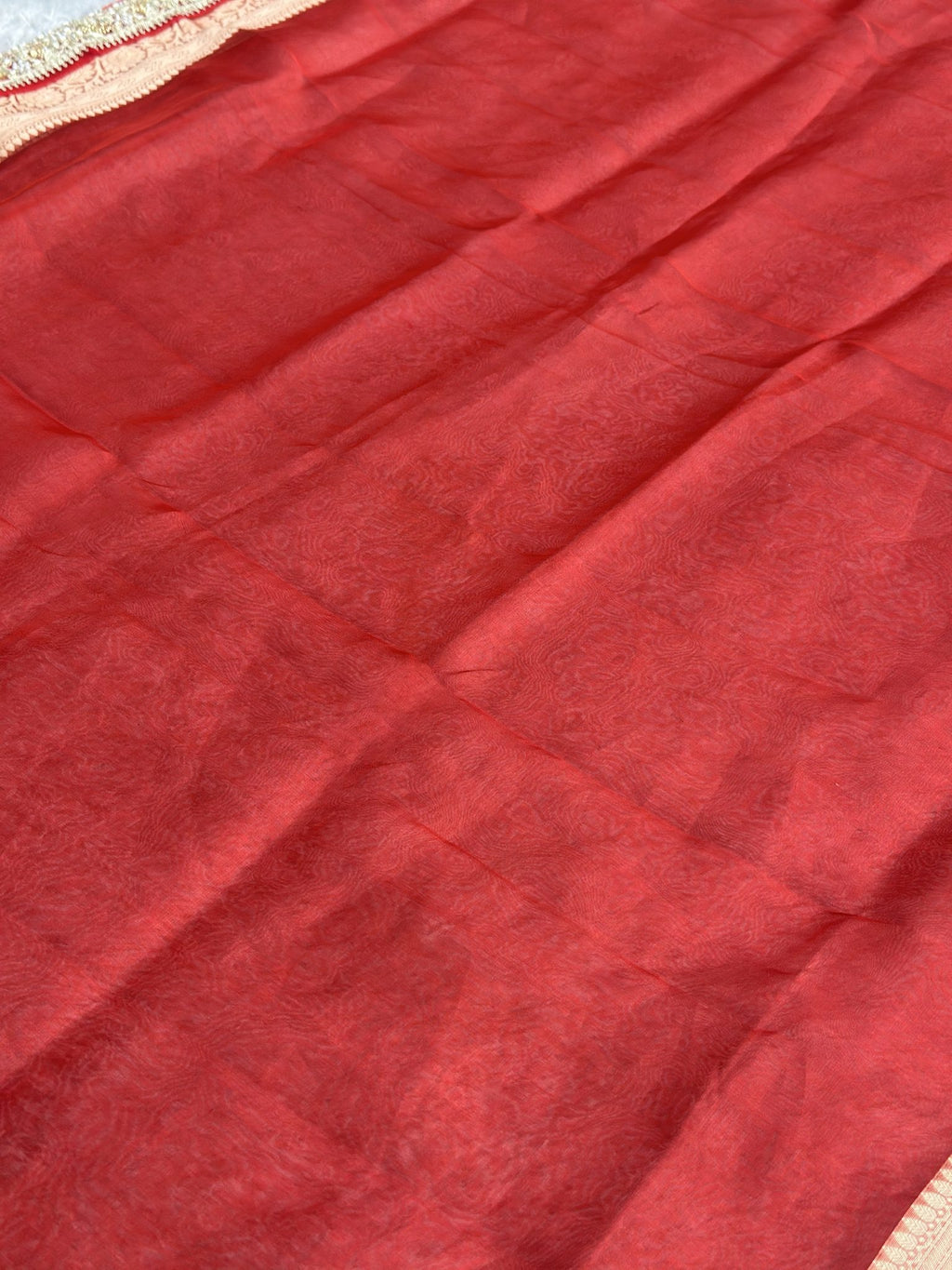 Soft sheen of red Banarasi tissue fabric, Saundarya saree