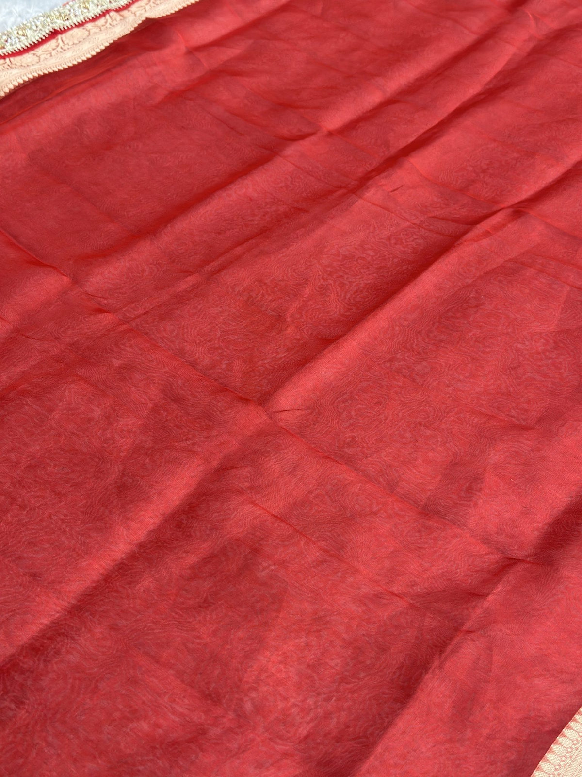 Soft sheen of red Banarasi tissue fabric, Saundarya saree