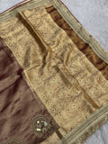 Shahi Gajraj copper brown Banarasi tissue saree with gold zari brocade pallu