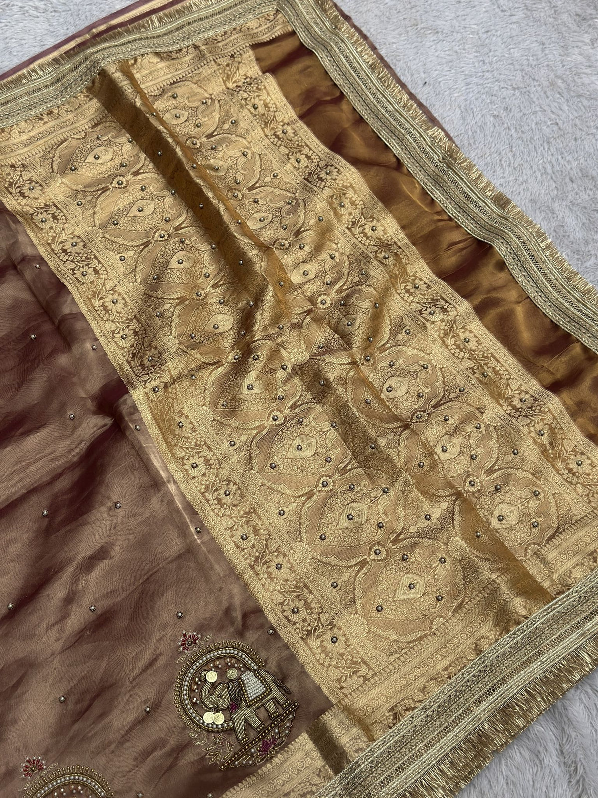Shahi Gajraj copper brown Banarasi tissue saree with gold zari brocade pallu