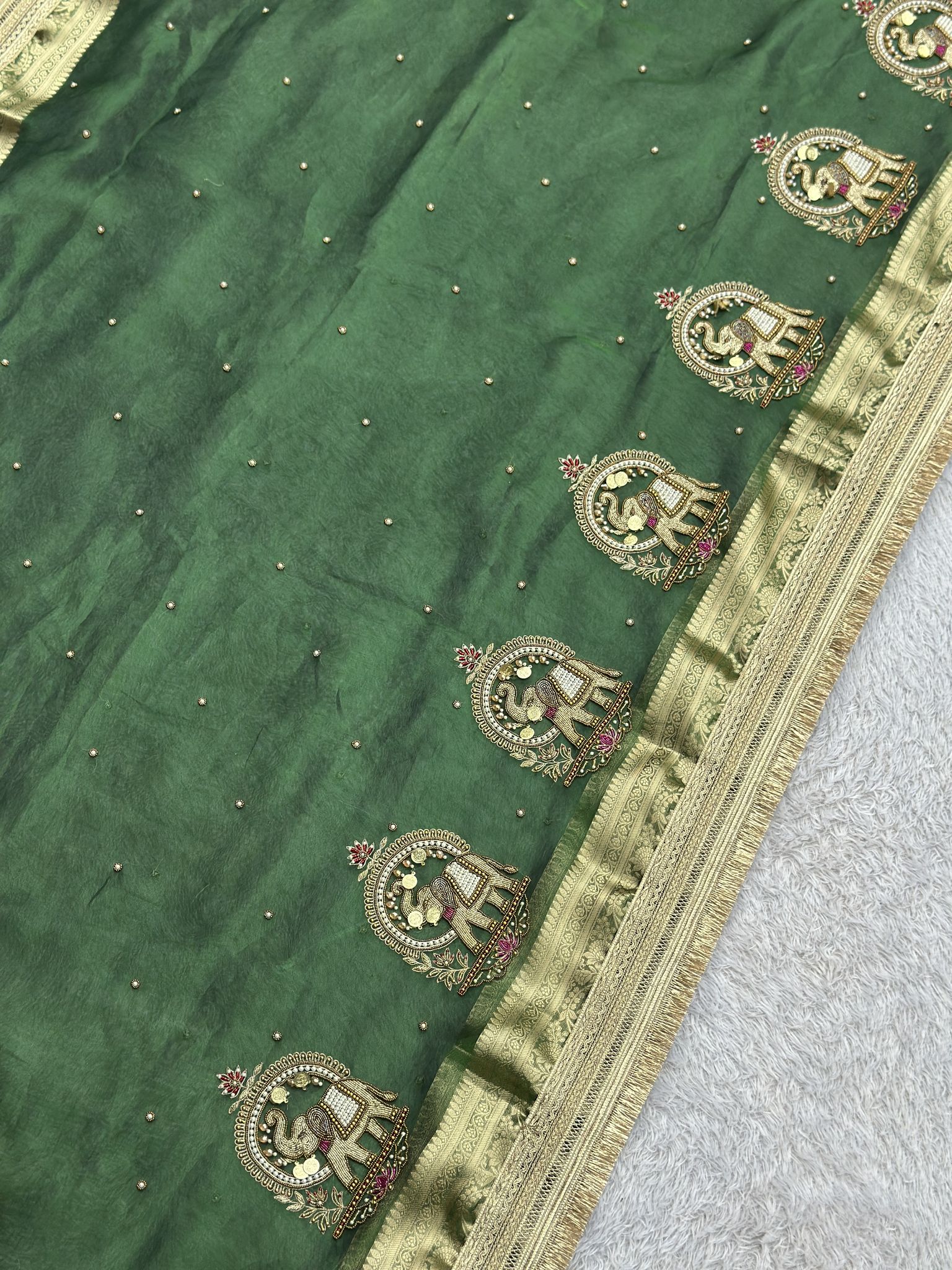 Green Banarasi tissue saree with royal gajraj elephant zari motifs
