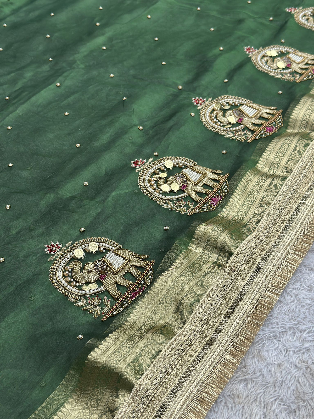 Shahi Gajraj Green saree with Banarasi brocade blouse fabric