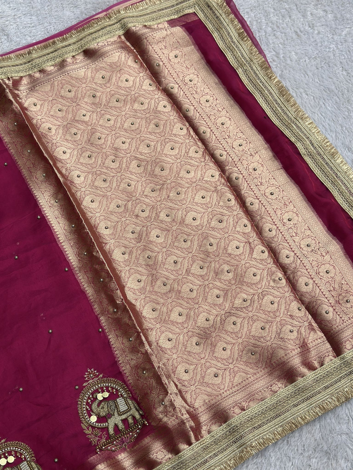 Shahi Gajraj Pink Banarasi tissue saree with gold elephant motifs