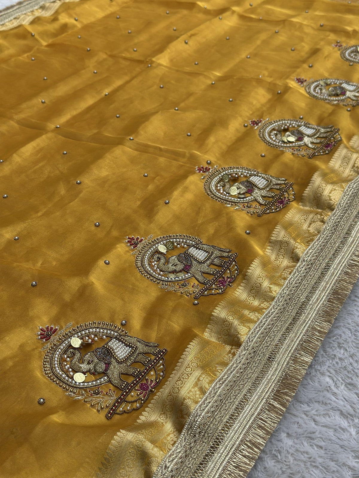Shahi Gajraj Yellow saree with Banarasi brocade blouse fabric