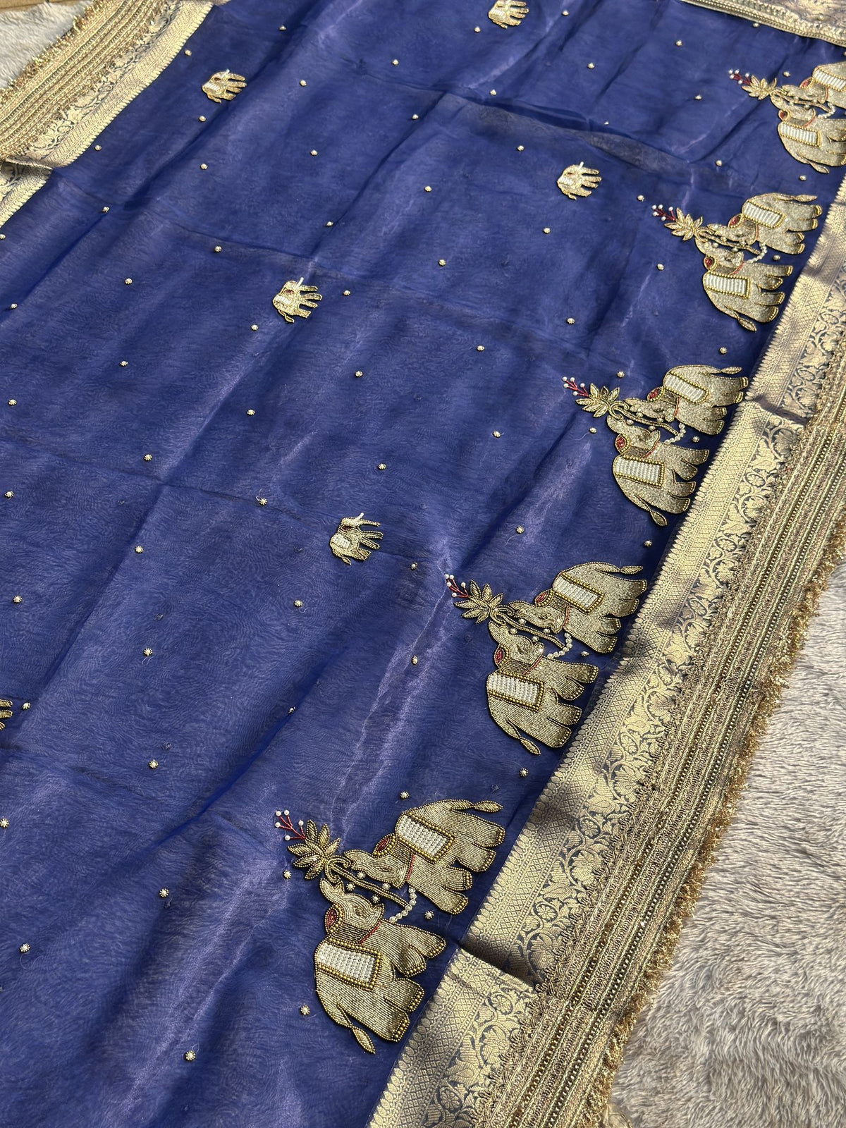 Royal blue Banarasi tissue saree with hand-embroidered elephant motifs, Suvarna Hatti Blue