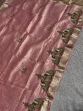 Peach Chiniya tissue saree with hand-embroidered elephant motifs